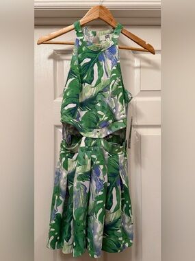 Madden NYC Romper Women Size S Green Tropical Palm Leaf Cut Out High Neck Halter
